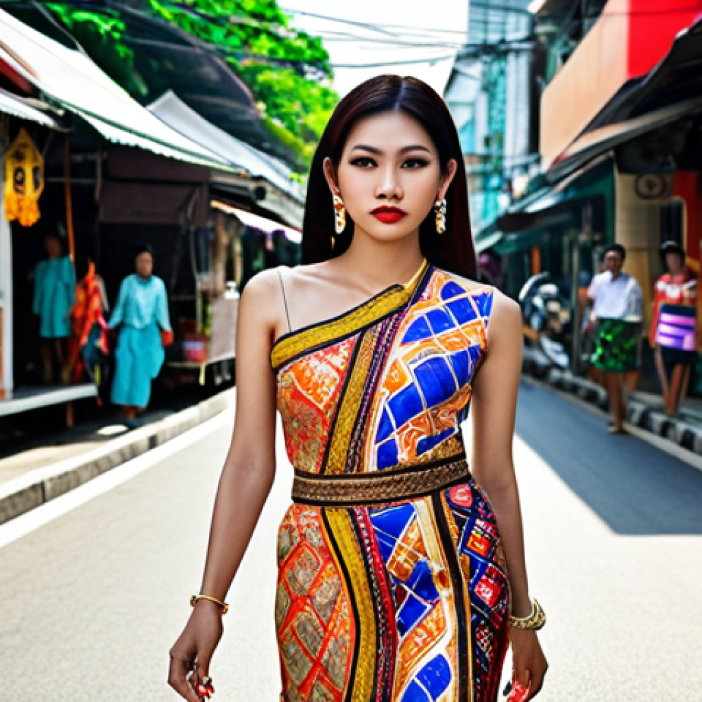 **

A stylish Thai woman confidently walking down a Bangkok street. She's wearing a unique outfit that blends traditional Thai elements with modern fashion trends. The outfit features bold colors and patterns inspired by Thai art. Focus on capturing her individual style and the vibrant atmosphere of Bangkok.

**